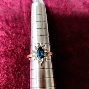 14K Gold Blue Topaz  with Diamonds Ring -  Free Shipping